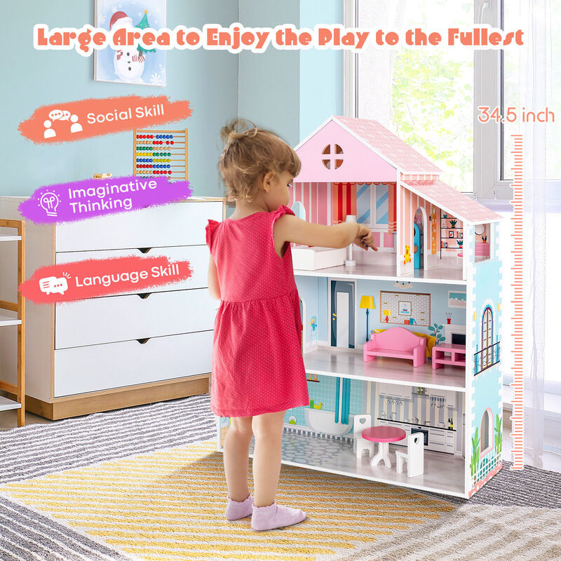 3-Tier Toddler Doll House with Furniture Gift for Age over 3 image number 6