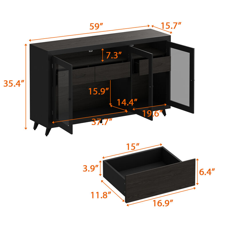 FUFU&GAGA Modern Sideboard with Glass Doors and Storage Drawers, Multi-Functional Buffet Cabinet, (59" W x 15.7" D x 35.4" H), Black