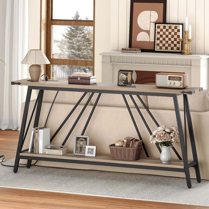 Entryway Console Table with Charging Station and 2 Open Storage Shelves- Greige