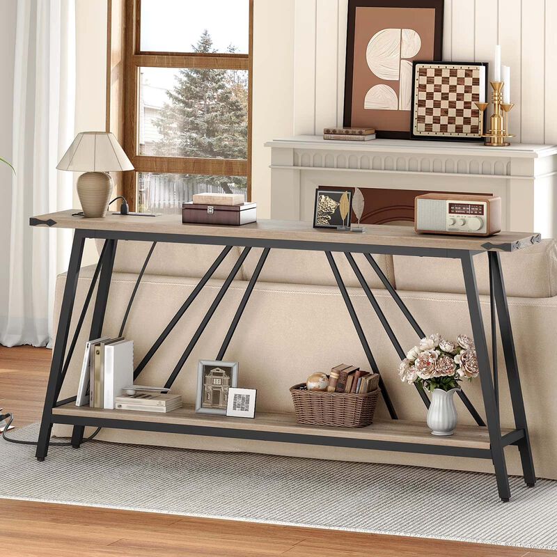 Entryway Console Table with Charging Station and 2 Open Storage Shelves- Greige image number 1