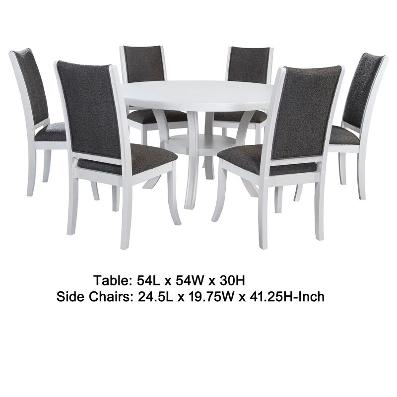Judy 7pc Round Dining Table Set, Flared Legs, Gray Fabric, White Wood image number 5
