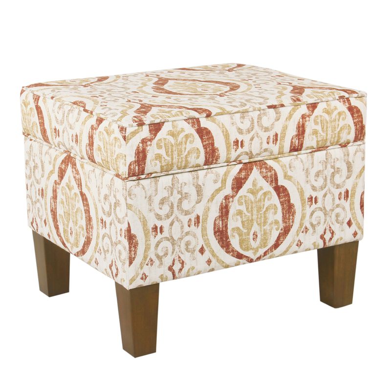 Ishi Accent Storage Ottoman, 22 Inch Orange and Beige Paisley Design - Benzara