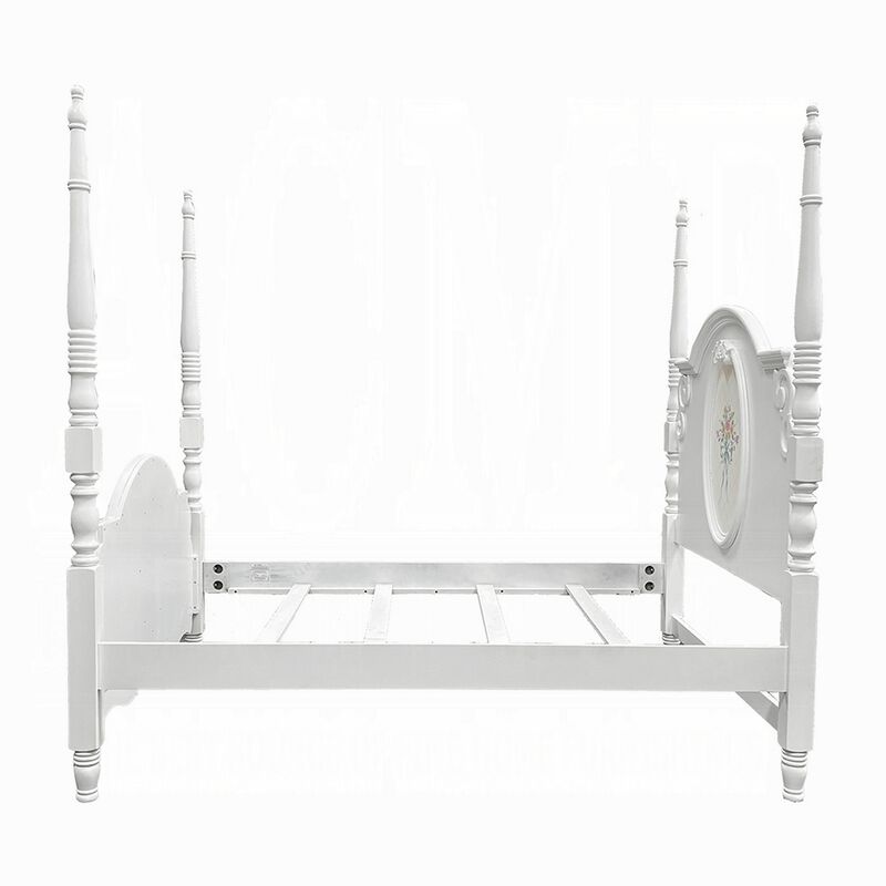 Auri Twin 4 Poster Princess Bed, Classic Arched Headboard, White Wood - Benzara