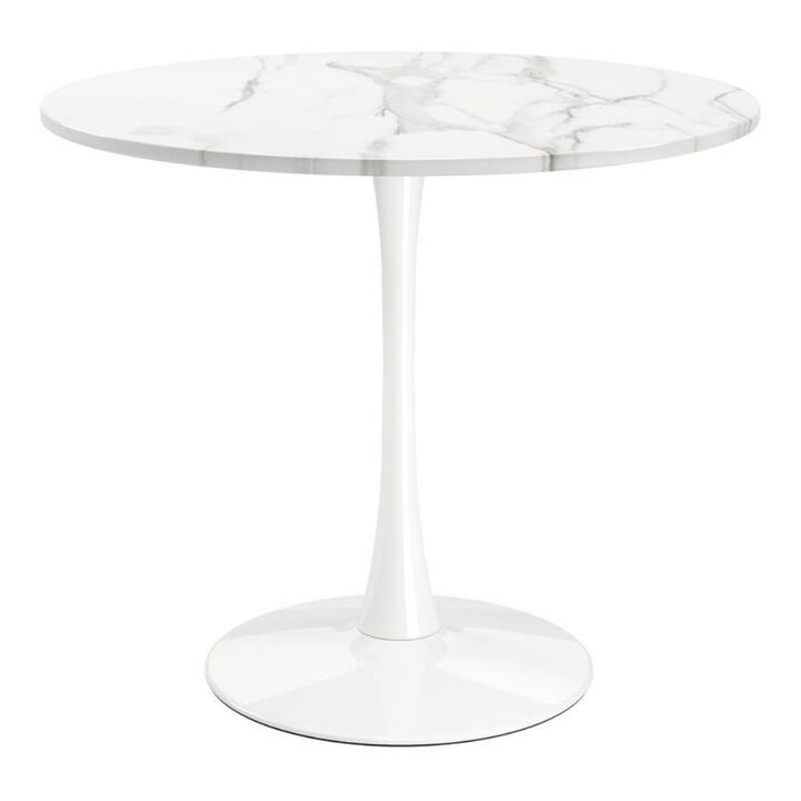 Hivvago Modern Classic 35-inch Round Pedestal Dining Table Marble Top with White Base