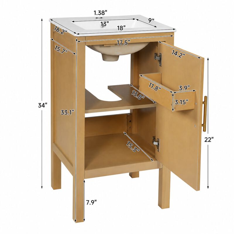 ELEMENT ACE 18 Inch Compact Bathroom Vanity with Integrated Ceramic Sink, Adjustable Storage Shelf, Soft-Closing Hinges for Small Bathroom Space Solutions image number 1