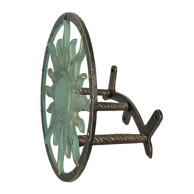 Decorative Sun Cast Iron Hose Holder Verdigris Bronze Outdoor Wall Mount Hanger image number 2