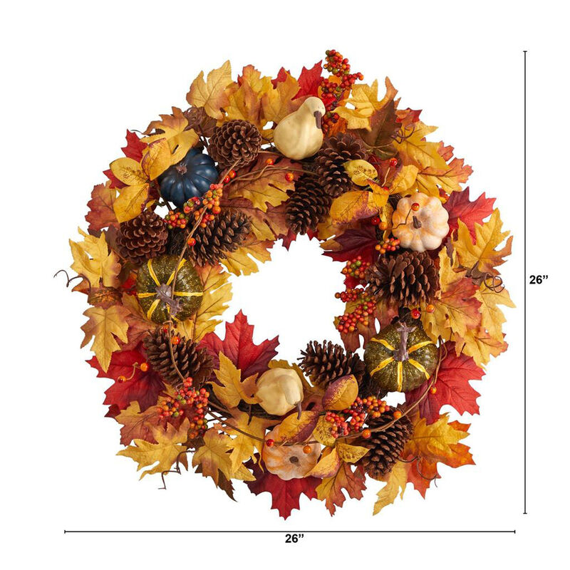 Nearly Natural 26-in Fall Pumpkin, Gourd, Pinecone and Maple Leaf Artificial Autumn Wreath