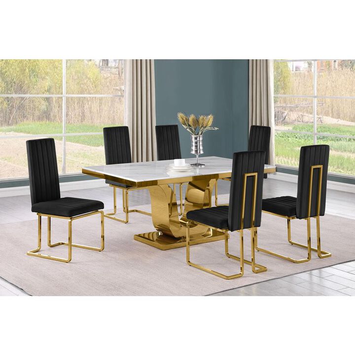 7pc Small(66") marble stop dining set with gold base and 6 Black side chairs
