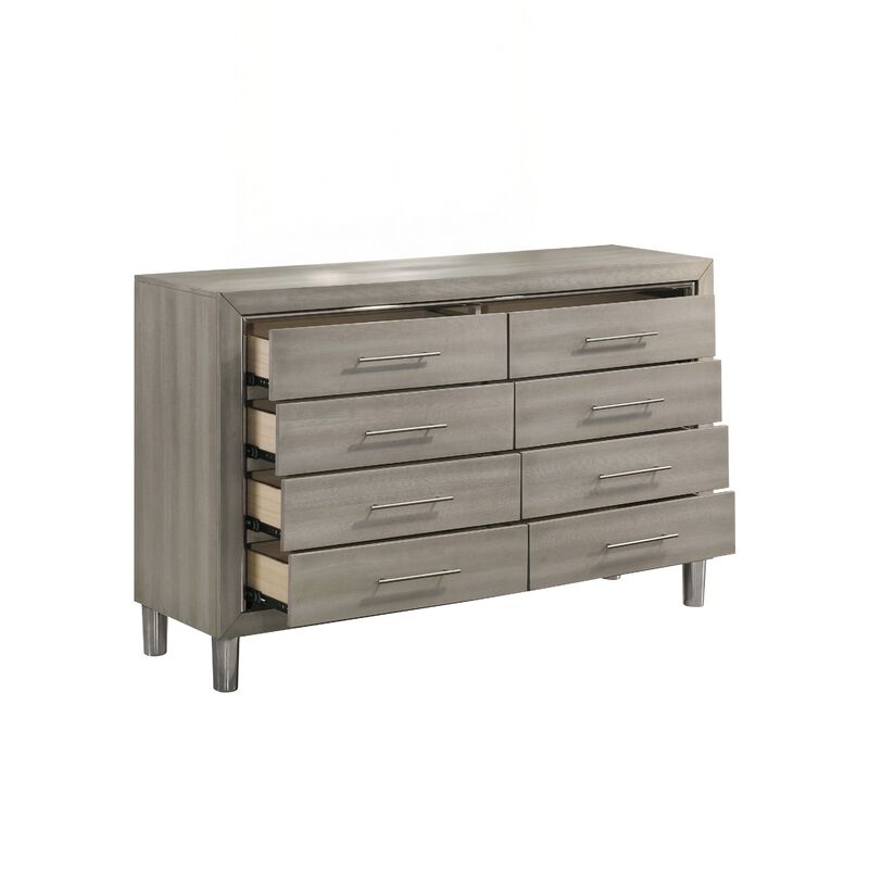 Levy 64 Inch Wide Dresser, 8 Drawers, Silver Trim, Ash Gray Laminate Wood image number 3