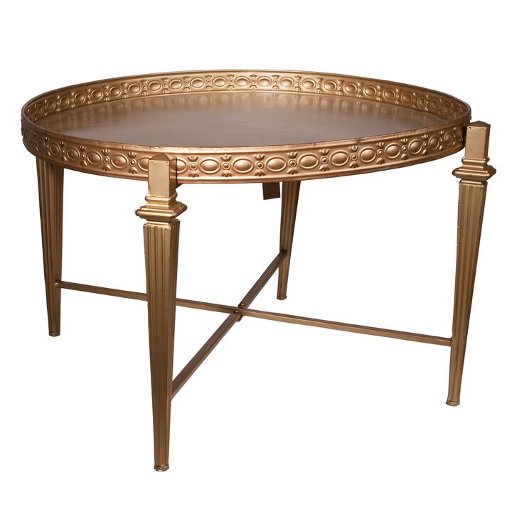 32 Inch Metal Cocktail Table, Circular Pattern Edged Round Top, Copper-Benzara