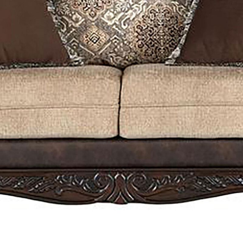 Miva Loveseat w Pillows, Classic Rolled Arms, Brown Faux Leather - Benzara - Benzara