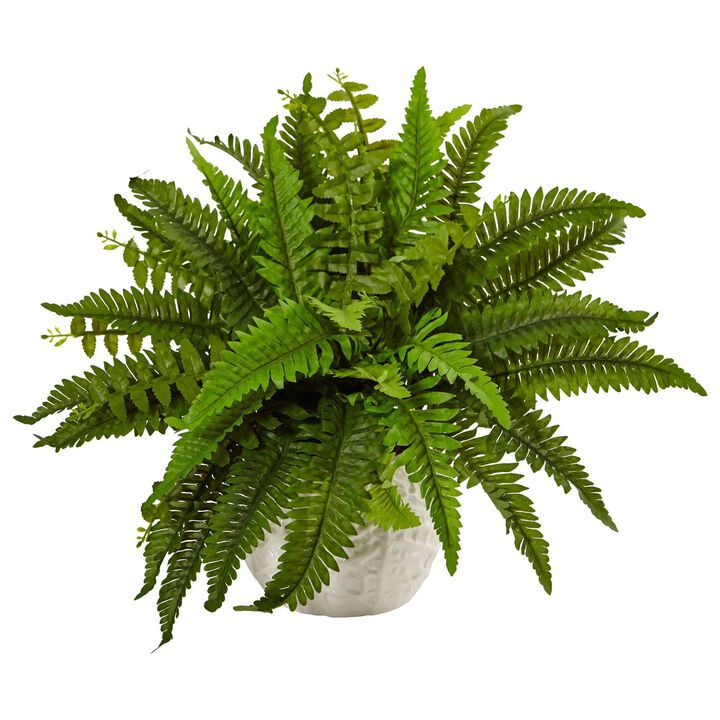 Nearly Natural 14-in Boston Fern in White Planter