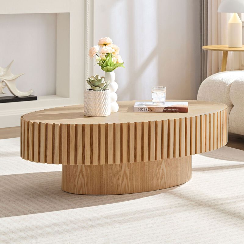 Modern Handcraft Drum Coffee Table 43.7 Inch Oval Pedestal Table Natural Ash MDF