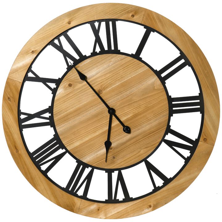 30" Large Wall Clock, Silent Non Ticking Metal Wood Farmhouse Roman Numeral Clocks for Living Room Decor, Battery Operated, Black/Natural Wood