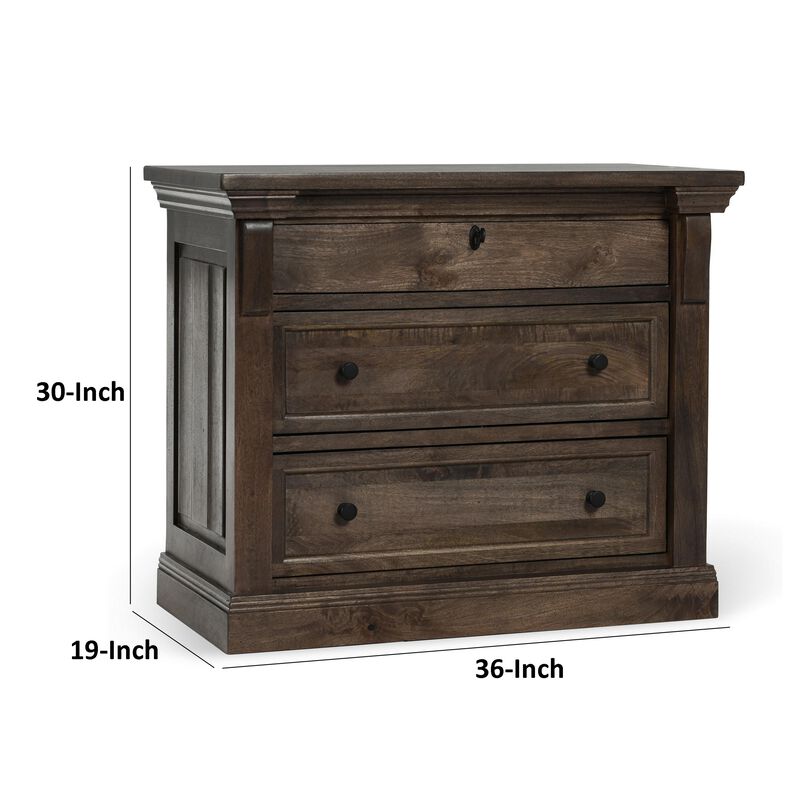 Adele Nightstand, 3 Drawers, Classic Cocoa Brown Mango Wood, 36 Inch - Benzara