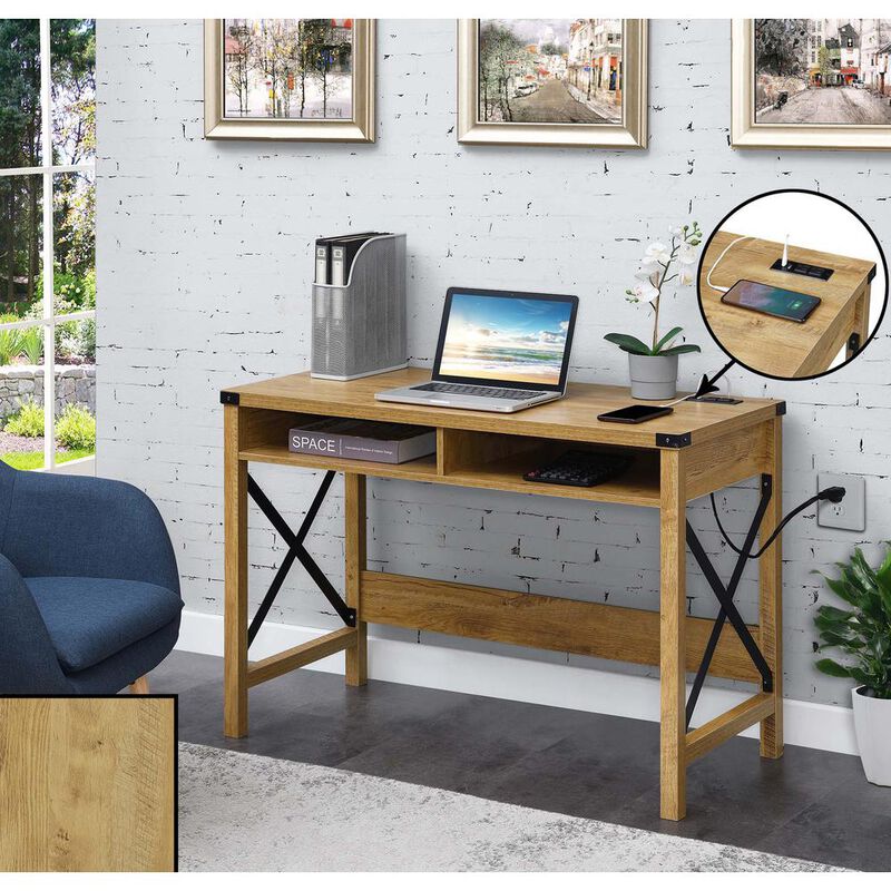 Convenience Concepts Durango 42 Inch Desk With Charging Station, English Oak/Black