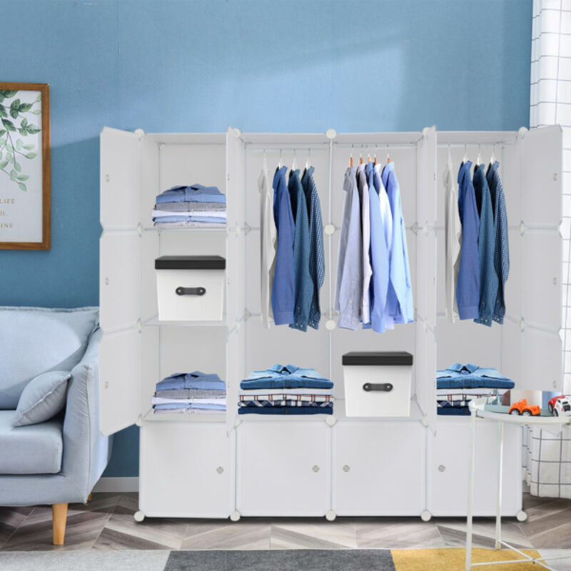16-Cube Modular Wardrobe, 4-Layer Plastic & Steel Storage Organizer with 3 Hanging Rods image number 1
