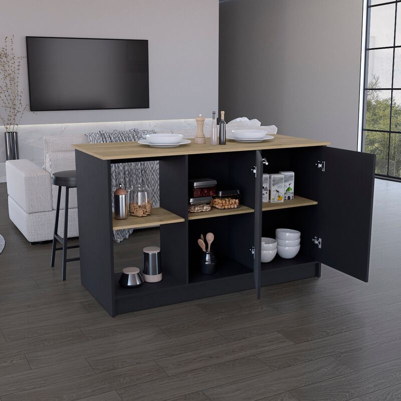 DEPOT E-SHOP Coral Kitchen Island with Large Countertop, Open Storage Shelves and Double Door Cabinet
