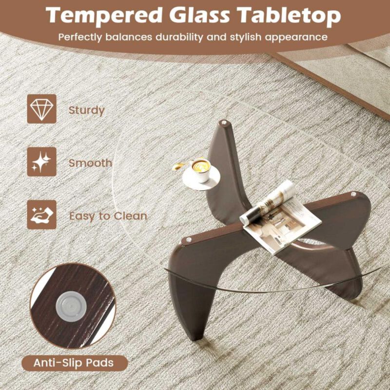Hivvago Triangle Coffee Table with Tempered Glass Top and Adjustable Rubber Wood Base