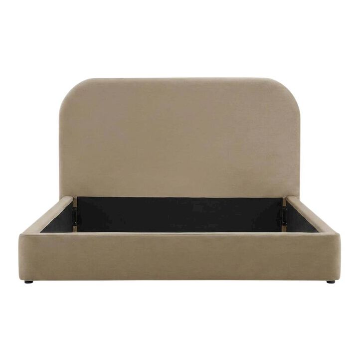 Performance Velvet Upholstered Queen Platform Bed with Curved Headboard, Taupe