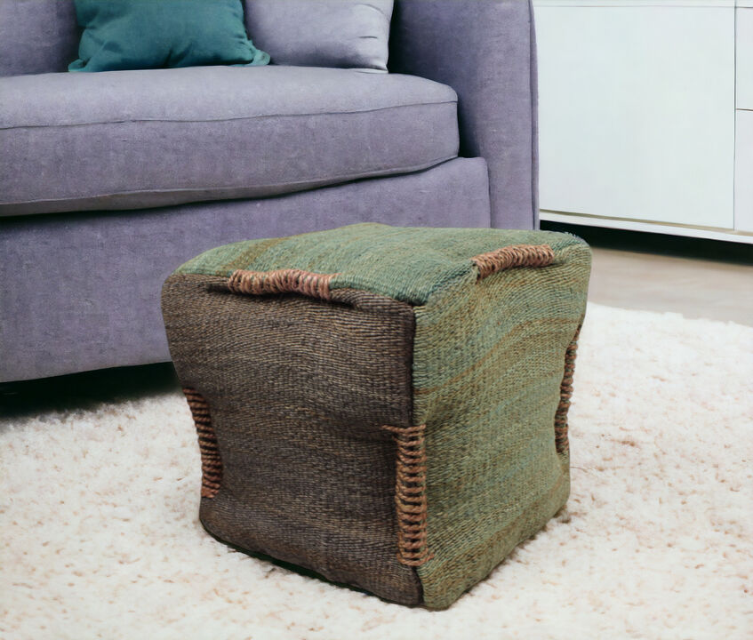 Hivvago 18 Inch Green and Brown Jute Cube Pouf Ottoman