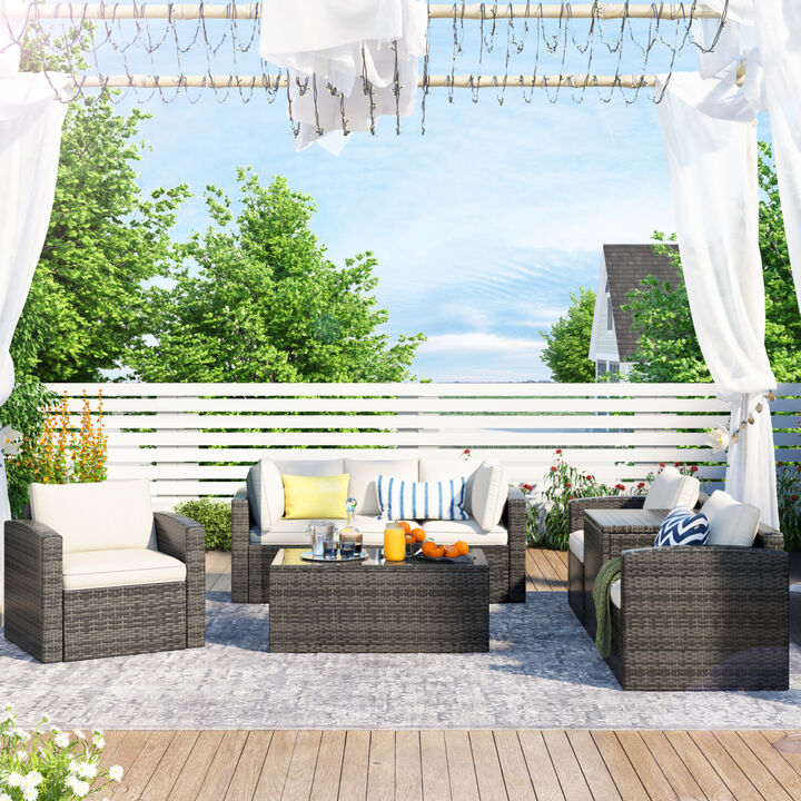Patio Furniture Sets, 7-Piece Patio Wicker Sofa, Cushions, Chairs, a Loveseat, a Table and a Storage Box