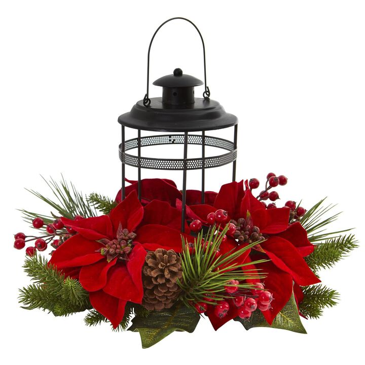 Nearly Natural 13-in Poinsettia Berry Pine Artificial Arrangement Candelabrum