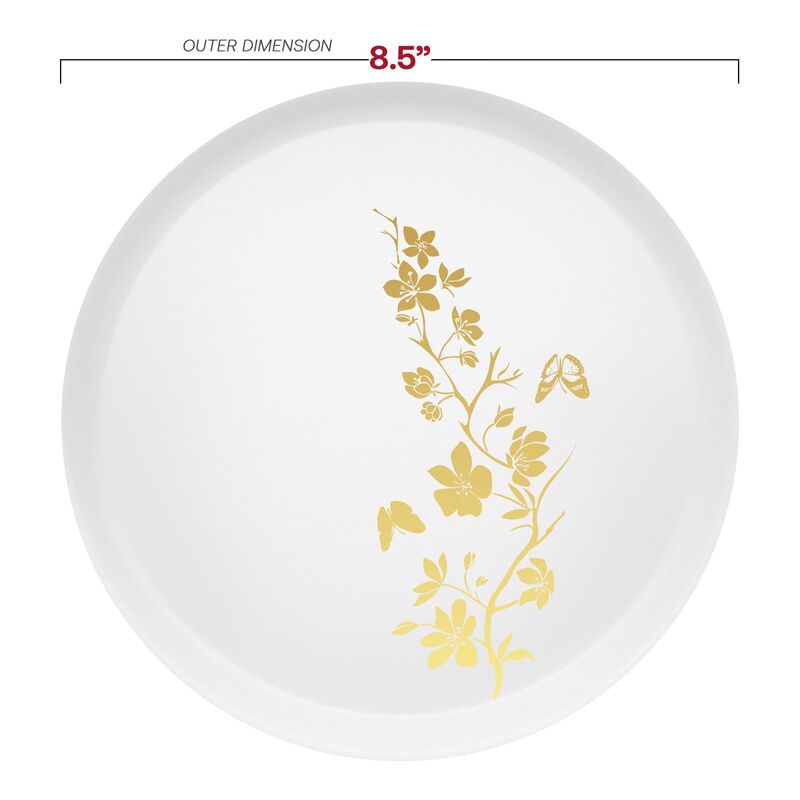 8.5" White with Gold Floral Round Plastic Salad Plates (120 Plates) image number 2