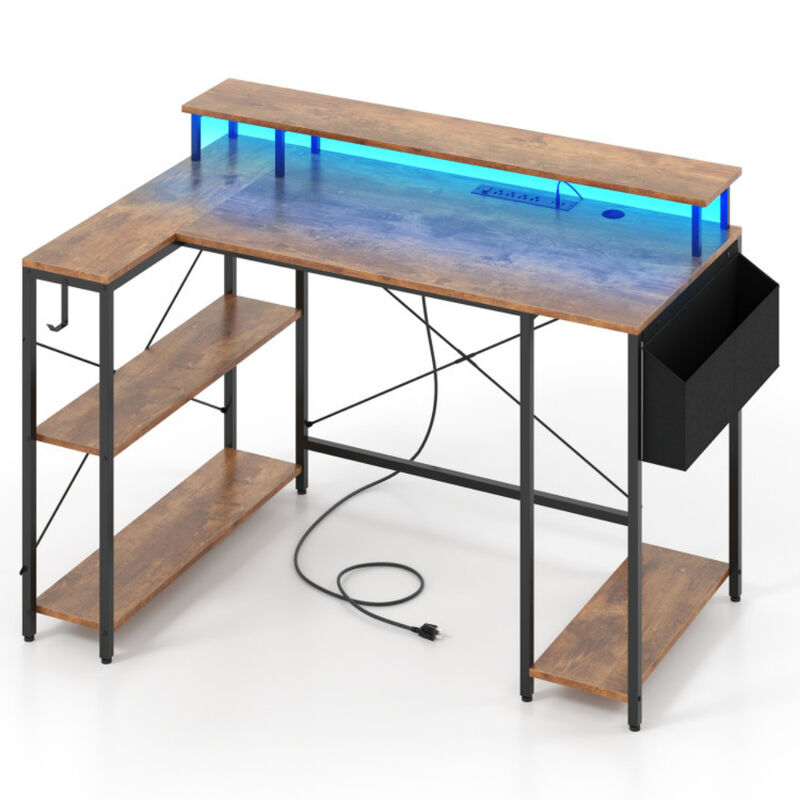 Corner L-Shaped Gaming Computer Desk with LED Lighting and Power Outlets image number 0