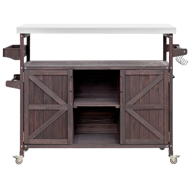 Whisen Farmhouse Kitchen Island with Storage Cabinet, Spice Rack, Towel Rack and 4 Wheels - Dark Brown