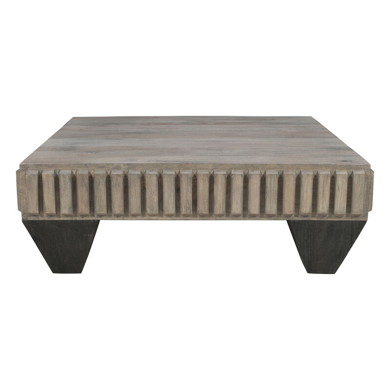 Tokyo Inspired 36 Inch Square Mango Wood Coffee Table - Handcrafted with Elegant Sandblasted Gray Finish and Tapered Legs