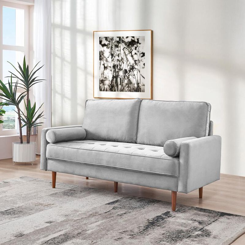 OS Home and Office Furniture 69 Inch Wide Upholstered Two Cushion Sofa with Bolster Pillows in Grey Velvet