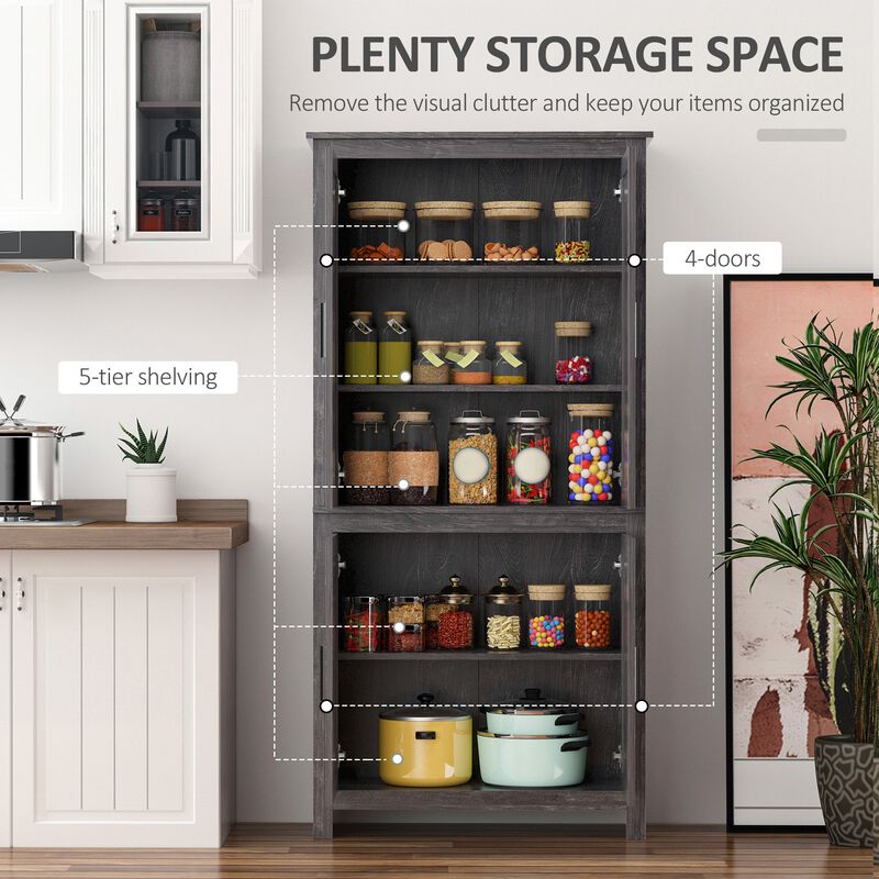 64" 4-Door Kitchen Pantry, Freestanding Storage Cabinet with 3 Adjustable Shelves for Kitchen, Dining or Living Room, Grey