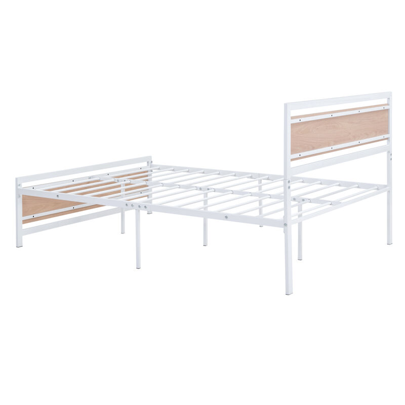 Full Size Platform Bed, Metal and Wood Bed Frame with Headboard and Footboard, White