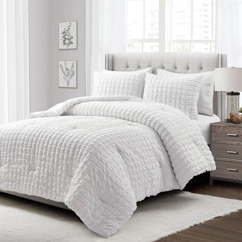 Hivvago King Size Crinkled Textured 3 Piece Comforter Set White