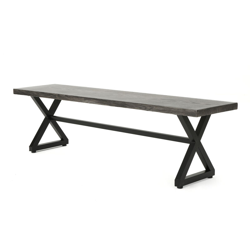 Romita Outdoor Dining Bench, X Shape Legs, Gray Metal, Black Steel, 63 Inch - Benzara