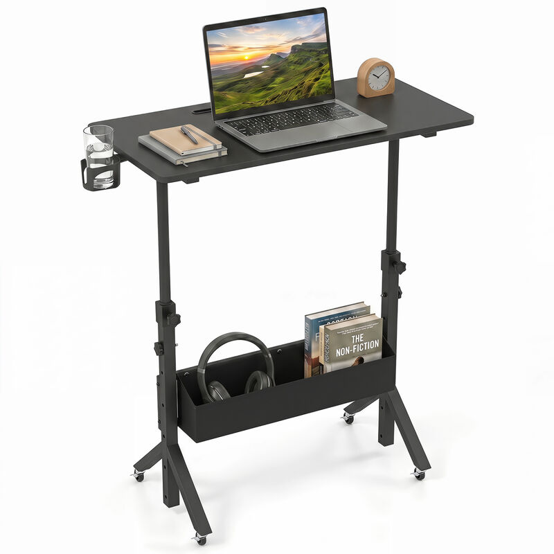 Mobile Rolling Standing Desk with Adjustable Height Cup Holder and Storage Basket image number 3