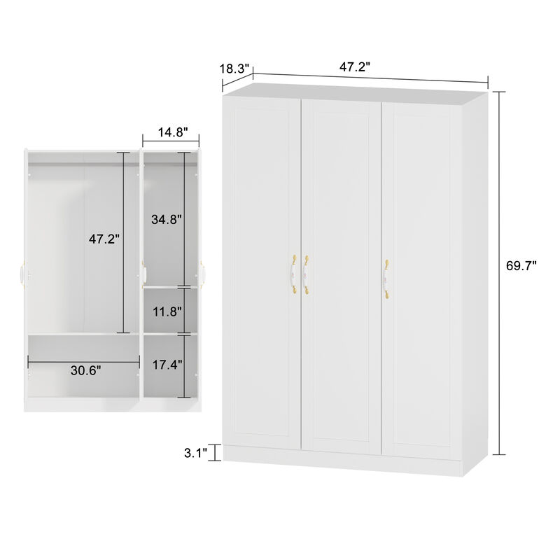 Wardrobe Armoire with Hanging Rod 3 Door Armoire Wardrobe Closet White
