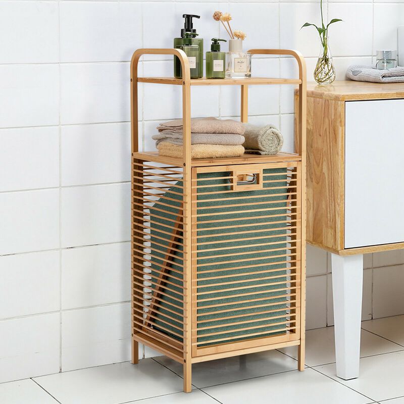 Tilt-out Bamboo Laundry Hamper  with 2-Tier Shelf and Removable Liner-Natural