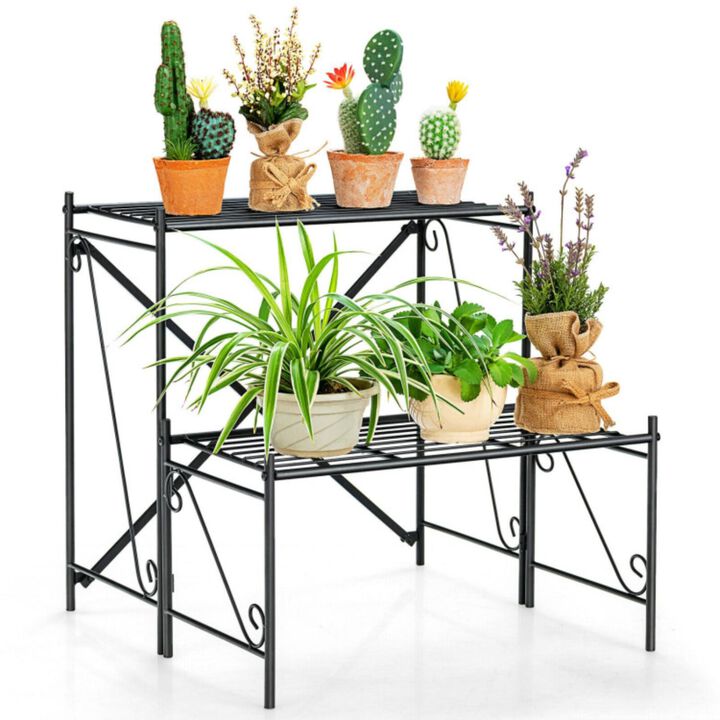 Hivvago 2-Tier Stair Style Metal Plant Stand for Indoor and Outdoor-Black