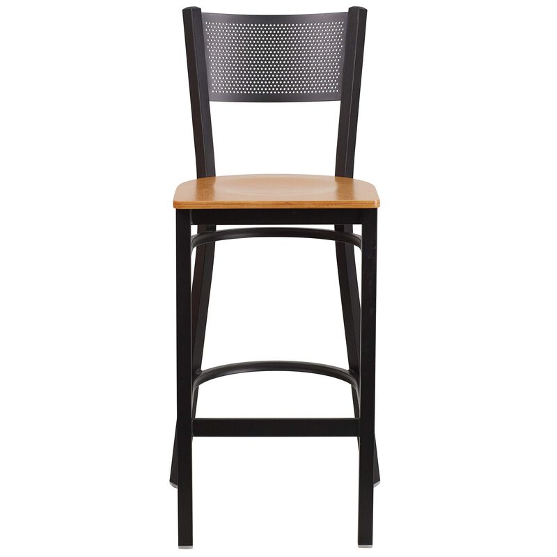 Flash Furniture HERCULES Series Black Grid Back Metal Restaurant Barstool - Natural Wood Seat