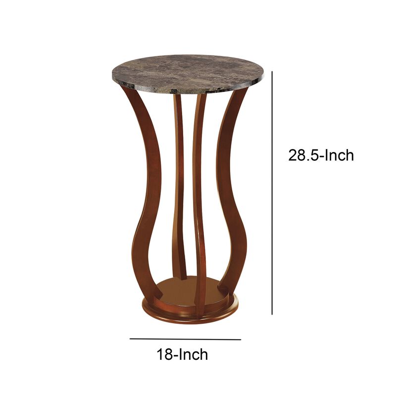 Transitional Wooden Plant Stand With Faux Marble Top, Brown-Benzara
