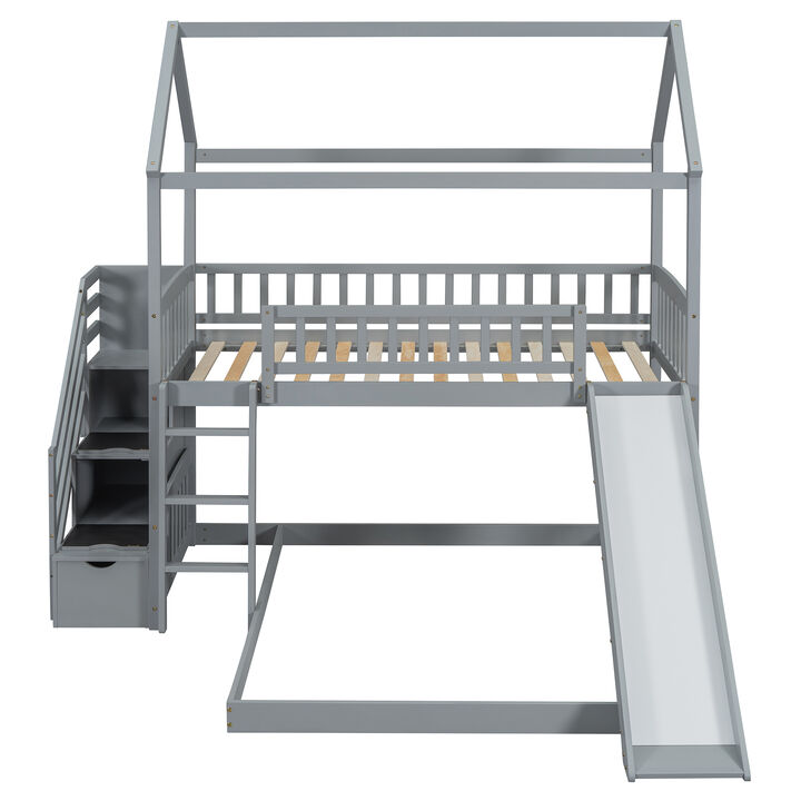 Whisen 77.4"x41.6" Twin Over Full Bunk Bed with Slide, Solid Wood Playhouse for Kids Bedroom