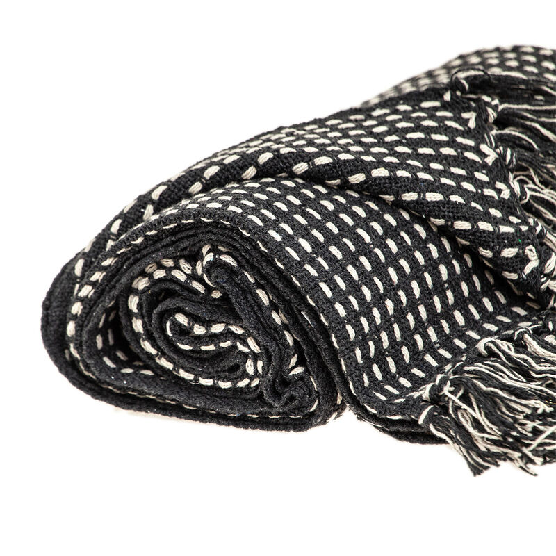 HomeRoots 52" X 67" Black and White Woven Cotton Striped Throw Blanket with Tassels image number 2