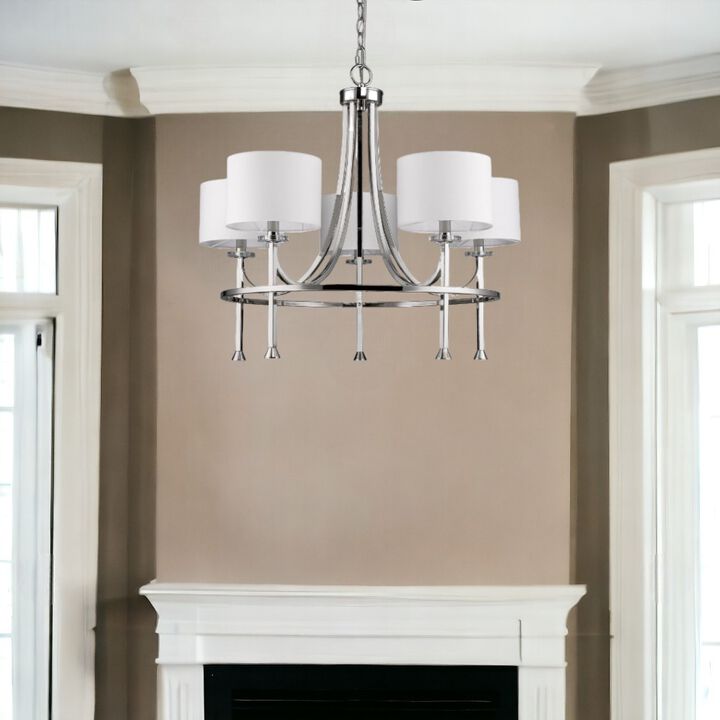 Hivvago Silver Candle Style Five Light Metal and Crystals Dimmable Chandelier With White Shades