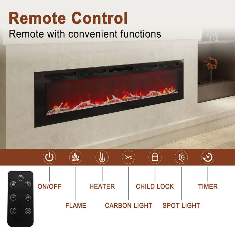 MONDAWE 72" Wall-Mounted Recessed Electric Fireplace 4780 BTU Heater with Remote Control Adjustable Flame Color & Temperature Setting