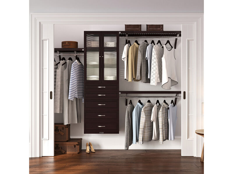 Solid Wood Walk-In Closet Organizer with 6  Drawers and Glass Doors