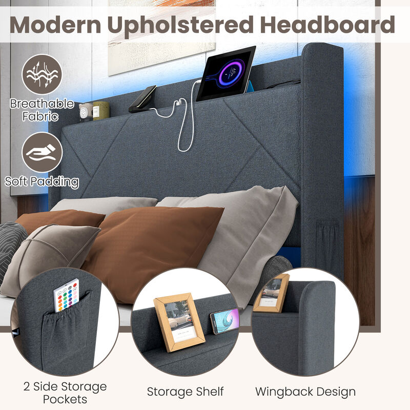 Bed Frame with LED Lights and Built-In Charging Station for Modern Style and Convenient Functionality