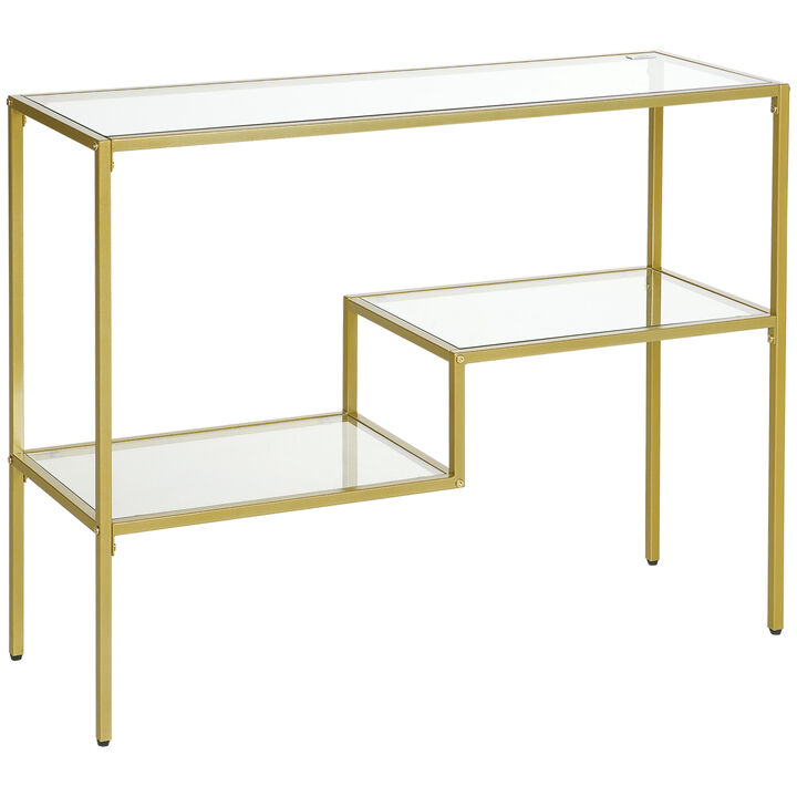 HOMCOM Gold Console Table, 39" Tempered Glass Behind Sofa Table, Narrow Entryway Table with Storage Shelves, Steel Frame for Living Room Furniture, Hallway Furniture, Glass Table
