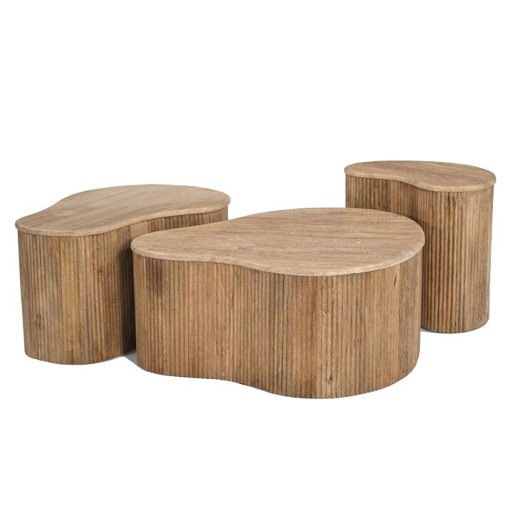Cid Ata Coffee Table Set of 3, Beige Marble, Artisan Solid Mango Wood